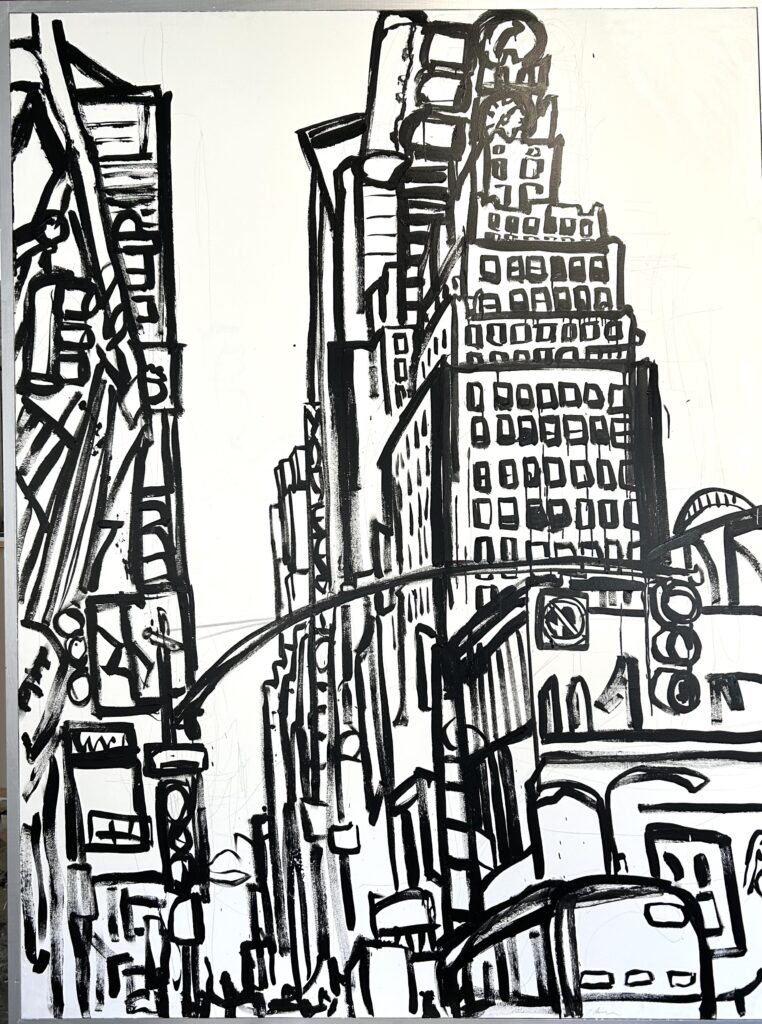 Tom Christopher,Sunday, A New Times Square Morning. 96 x 72 with silver studio frame, oil 36x48in, 2025, Lift Trucks Art