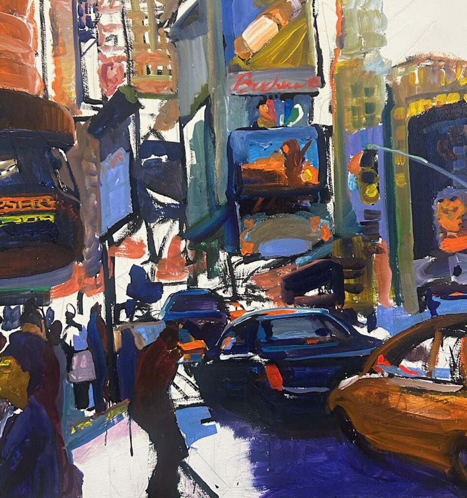 Tom Christopher, Crosswalk Evening, oil 30x30in, 2025, Lift Trucks Art